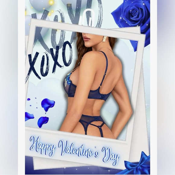 Blue Floral Embroidered Mesh Lingerie Set 4pc Garter Sheer Lace - Picture 3 of 6